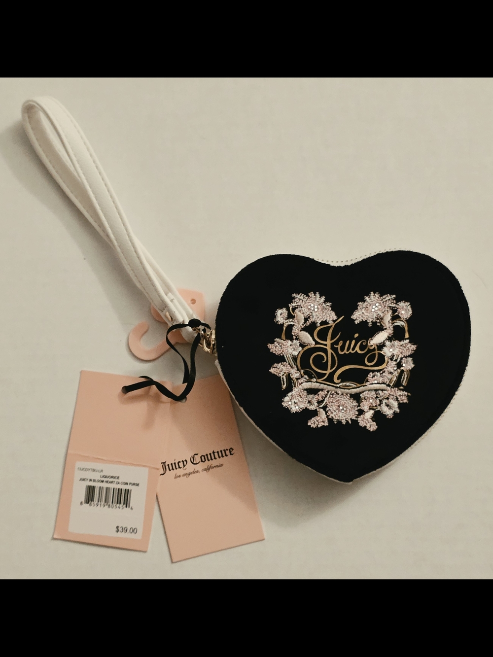 Juicy Couture Black Heart Wristlet Clutch with Gold & Pink Embroidery